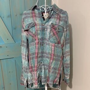 Billabong Plaid Button-Up Shirt with Frayed Hem